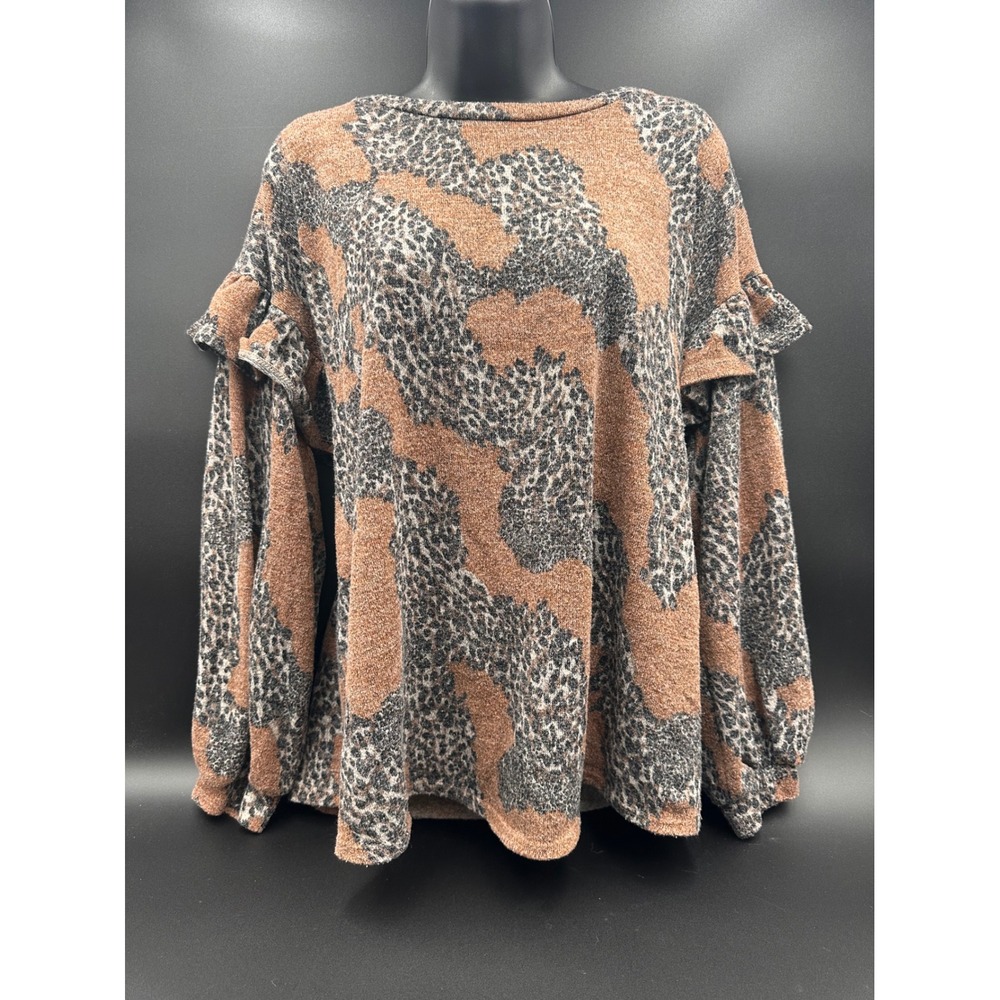 Womens Now N Forever Animal Print Ruffle Sleeve Brown Top Knit Lightweight‎